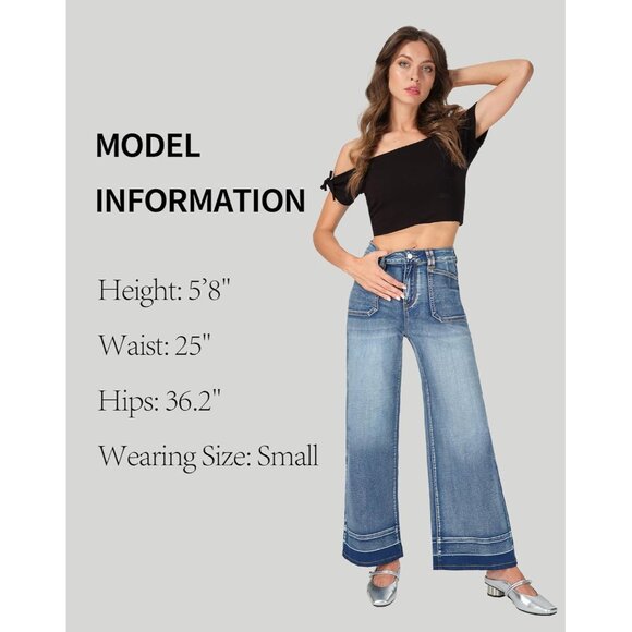 Women’s Wide Leg Jeans High Waisted Stretchy Casual Baggy Denim Pants - Picture 6 of 7